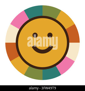 Visage smiley arc-en-ciel avec des rayons colorés et groovy derrière un visage jaune heureux, design rétro, illustration vectorielle plate sur fond blanc. Illustration de Vecteur