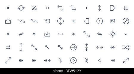 Ensemble minimal d'icônes de directions fléchées avec symboles de navigation, téléchargement, téléversement, actualisation, expansion et déplacement en style de contour fin isolé sur fond blanc, illustration vectorielle Illustration de Vecteur