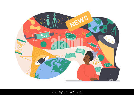 Personne utilisant un ordinateur portable entourée de fausses nouvelles, d'extraterrestres, de 5G, de virus, d'argent et de symboles secrets, illustrant la désinformation en ligne, la paranoïa et la culture des canulars vectorielle Illustration de Vecteur