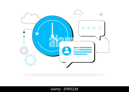 Horloge bleue à côté de bulles de dialogue et d'icônes de nuages. Design minimaliste sur des thèmes de technologie et de communication. Illustration de Vecteur