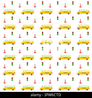 Bus scolaires jaunes, cônes de signalisation rouges et feux de circulation colorés dans un motif sans couture. Illustration de Vecteur