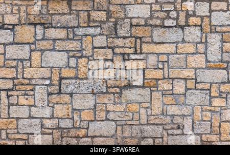 Texture d'arrière-plan sans couture d'un vieux mur de pierre beige construit à partir de blocs de maçonnerie rectangulaires Banque D'Images