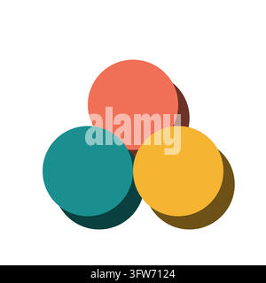Trio de disques extrudés en 3D de couleur corail, bleu-vert et moutarde, composition abstraite colorée de cercles sur fond blanc. Illustration de Vecteur