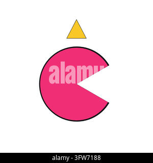 Cercle rose avec une découpe en forme de tranche de tarte et un accent triangulaire jaune, élément décoratif géométrique audacieux du design Memphis des années 1980 Illustration de Vecteur