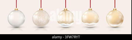 Lot de cinq boules de Noël blanches et dorées avec rubans rouges Illustration de Vecteur