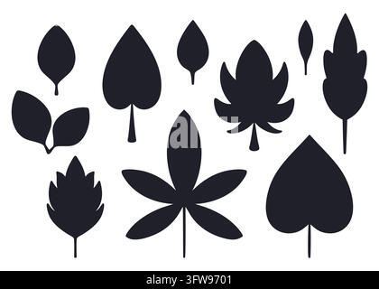 Collection d'icônes de silhouettes de feuilles noires. Ensemble de découpes de feuillage botanique isolé. Pack vectoriel Illustration de Vecteur