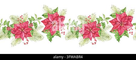 Bordure sans couture aquarellée de Noël avec poinsettias rouges répétitifs, brins de feuillage persistant, feuilles de houx, baies et cannes en sucre. Pour cartes de vacances, cadeaux Banque D'Images