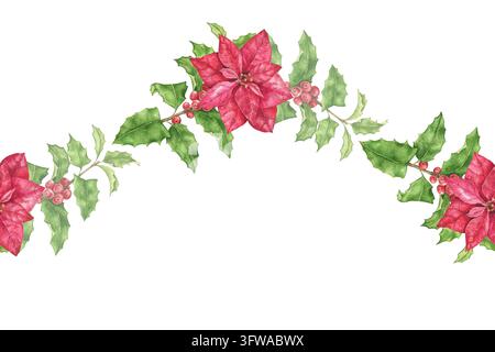 Bordure d'aquarelle de Noël avec des poinsettias rouges, des feuilles de houx, des brins verts et des baies rouges disposés en guirlande ondulée. Pour cartes de Noël, Nouvel An g Banque D'Images