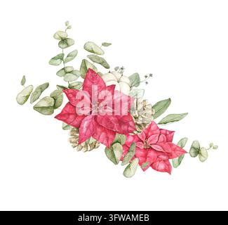 Composition aquarellée de Noël avec des poinsettias rouges, des capsules de coton blanc, des pommes de pin et des feuilles d'eucalyptus vert pâle. Idéal pour les cartes de Noël, gagn Banque D'Images