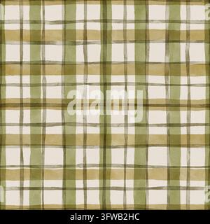 Motif à carreaux aquarellé en vert kaki et beige. Les lignes à vichy créent un design textile vintage d'automne. Utilisation pour la conception de papiers peints et de vêtements. L'impression sur tissu douillet convient au design de nappes et de couvertures. Banque D'Images
