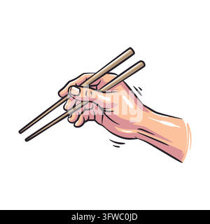 Une illustration vive de style BD représentant une main humaine tenant correctement une paire de baguettes en bois. Conçue avec des contours noirs épais, des couleurs chaudes riches Illustration de Vecteur
