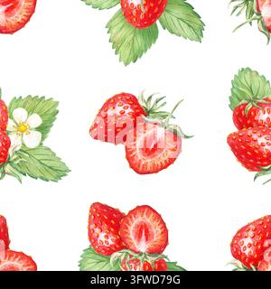 Fond à motifs sans couture de fraises avec des fruits entiers frais, des moitiés tranchées et des feuilles vertes. Illustration botanique aquarellée dessinée à la main. Répétitif Banque D'Images