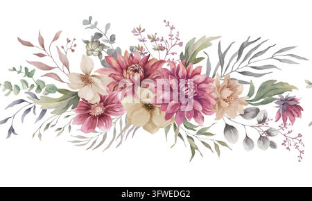 Dahlias de Bourgogne en aquarelle Bordure florale Guirlande horizontale sans couture pour invitations de mariage Cartes de vœux Papiers peints Tissus. Vecteur EPS. Illustration de Vecteur