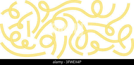 Ensemble de lignes courbes rayées jaunes isolées sur fond blanc. Éléments de design de pâtes, ramen, spaghetti ou nouilles pour un poster ou un menu de cuisine japonaise, chinoise ou italienne. Illustration vectorielle plate. Illustration de Vecteur