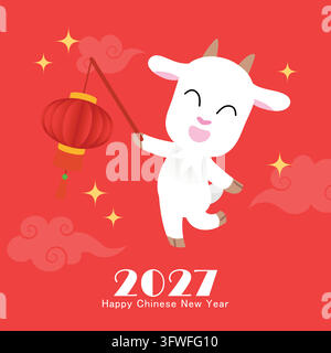 Bête du zodiaque chèvre avec lanterne chinoise vectorielle de célébration. Carte de vœux pour le Nouvel An 2027. Illustration de Vecteur