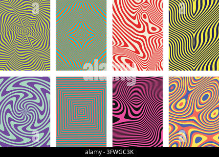 Une collection vibrante de huit motifs vectoriels abstraits mettant en vedette des illusions optiques, des vagues psychédéliques et de l'art géométrique linéaire. Illustration de Vecteur