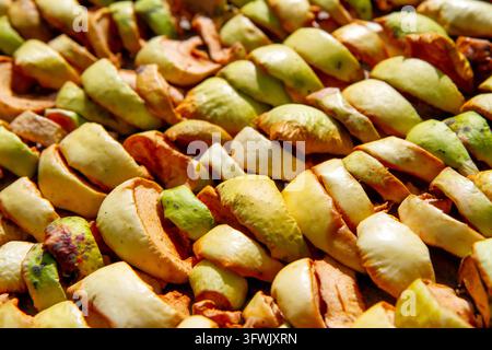 Vue en gros plan de pommes vertes et jaunes tranchées séchant au soleil. Concept de déshydratation de fruits maison, récolte automnale de saison, naturel Banque D'Images