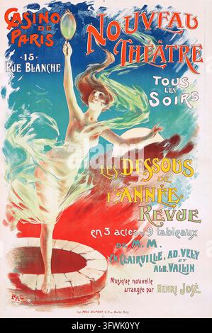 Une affiche publicitaire française Art Nouveau antique datant de circa 1895 pour le Casino de Paris Nouveau Théâtre, promouvant « Les Dessous de l'Année Revue » par Banque D'Images