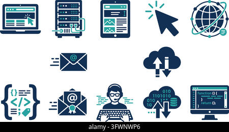 Ensemble d'icônes de développement web en bleu sarcelle mettant en vedette des serveurs de codage et des technologies en ligne. Illustration de Vecteur