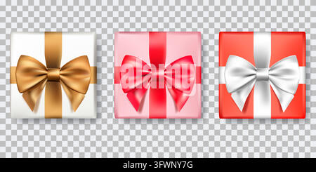 Clip art de boîtes cadeaux 3D réalistes vectorielles. Ensemble d'objets cadeaux isolés avec rubans de satin et nœuds sur fond transparent. Éléments décoratifs pour Illustration de Vecteur