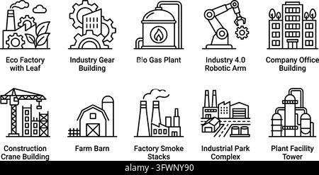 Ensemble d'icônes de bâtiments industriels comprenant des usines écologiques, des bras robotiques et des complexes de construction. Illustration de Vecteur