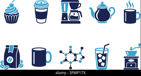 Icônes de barista et de café avec molécule de caféine et grains de café accompagnés d'équipement de brassage. Illustration de Vecteur