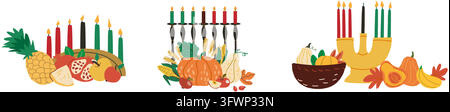 Set de compositions Kinara et de récolte. Éléments de Kwanzaa avec légumes et fruits tropicaux. Courges et maïs, composition de blé. Set vectoriel de Kwanzaa Illustration de Vecteur