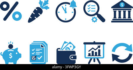 Ensemble d'icônes d'affaires et financières en bleu avec symbole de pourcentage, carotte, horloge et illustration de banque. Illustration de Vecteur