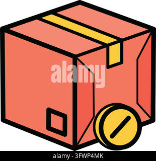 Icône de livraison en boîte en carton rouge avec ruban adhésif jaune et symbole d'interdiction circulaire pour la logistique. Illustration de Vecteur