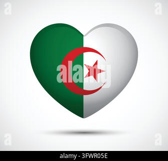 Une icône en forme de cœur vibrante arborant le drapeau national algérien, aux couleurs verte, blanche et rouge. Ce graphique symbolise l'amour, le patriotisme et cu Illustration de Vecteur
