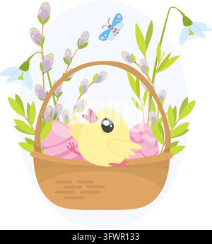Illustration de Pâques, poussin joyeux et œufs assis dans un panier de fleurs Illustration de Vecteur