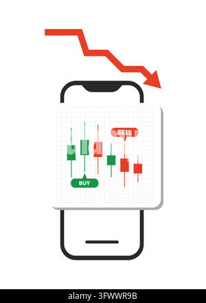Illustration vectorielle d'un téléphone portable affichant un graphique en chandeliers avec des signaux d'achat et de vente, surmonté d'une flèche rouge indiquant une baisse du marché Illustration de Vecteur