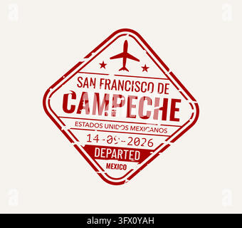Tampon de passeport de voyage Campeche avec bordure diamantée usée, icône d'avion et texte en gras. Visa de voyage pour conception de journal de voyage, scrapboo Illustration de Vecteur
