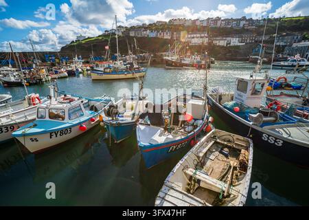 Un homme se tient dans un petit bateau de pêche, s'occupant de l'équipement alors qu'il est amarré dans le pittoresque port de Mevagissey. De nombreux autres bateaux de pêche sont amarrés Banque D'Images