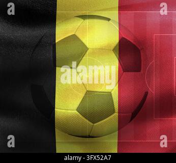 Drapeau de la Belgique – drapeau en tissu réaliste flottant avec fond de ballon de football Banque D'Images