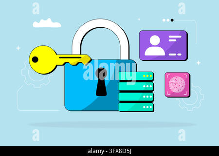 Concept de sécurité numérique avec cadenas, clé et icônes de données, symbolisant une protection en ligne robuste et la confidentialité. Illustration de Vecteur