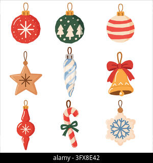 Collection d'ornements pour sapin de Noël avec des boules colorées et des décorations de fêtes Ensemble vectoriel Illustration de Vecteur