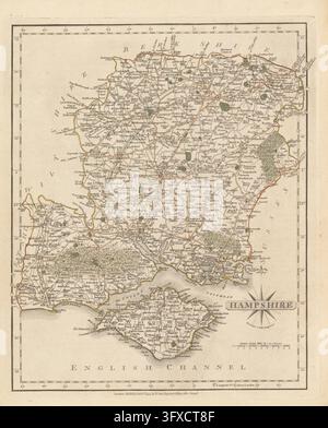 Illustration historique du Hampshire, en Angleterre, tirée d'une carte détaillée du comté publiée en 1793 par le cartographe britannique John Cary à Londres. Cette carte antique colorée à la main représente les villes, les villages, les routes, les rivières, les côtes et les caractéristiques géographiques, y compris l'île de Wight et la Manche. Banque D'Images