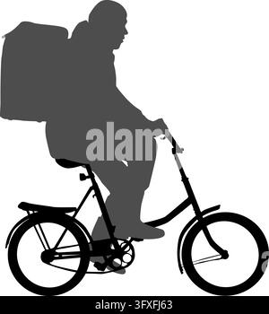 Silhouette noire d'un coursier à vélo portant une grande boîte de livraison sur son dos, isolée sur fond blanc, représentant les services de livraison, ur Illustration de Vecteur