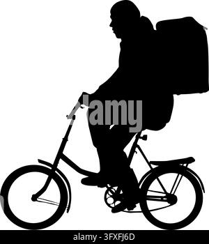 Silhouette noire d'un coursier à vélo portant une grande boîte de livraison sur son dos, isolée sur fond blanc, représentant les services de livraison, ur Illustration de Vecteur