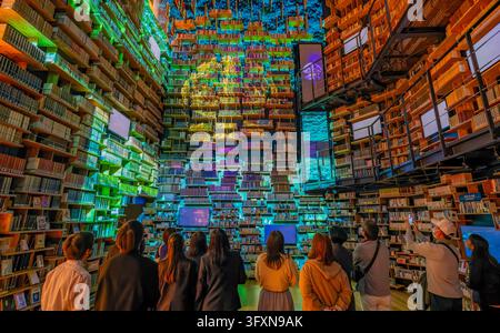 Tokyo, Japon, 22 NOV 2024 - Un groupe de personnes se tient dans une pièce sombre et regarde vers le haut des étagères immenses et illuminées disposées de manière dramatique et colorée Banque D'Images