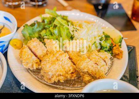 Tokyo, Japon, 22 NOV 2024 - Une assiette de côtelettes de porc panées croustillantes disposées sur un gril métallique, accompagnées d'une salade verte fraîche, de chou râpé et m Banque D'Images