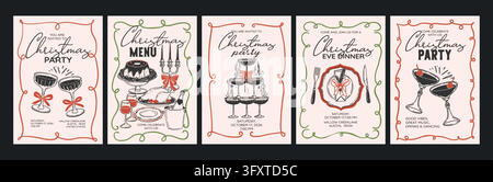 Carte de Noël en doodle. Invitation pour Happy New Year. Carte de vœux décorative dessinée à la main pour le dîner de la veille de Noël, la fête, la table des fêtes. Illustration de Vecteur
