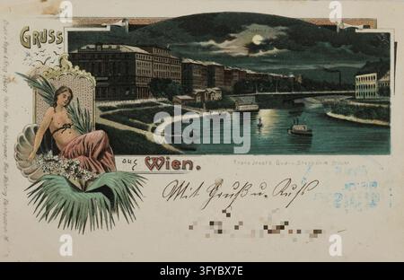 Canal du Danube - la nuit, avec l'hôtel Metropole et le quai Franz-Josefs, carte postale, Hans Nachbargauer, représentant, Regel & Krug Verlag, producteur, cartes postales, illustrées, diffusées, 1898, lithographie couleur, hauteur×largeur 9,2×14,2 cm, Danube, industrie hôtelière et restaurant, Donaukanal, canaux, cours d'eau (en ville), quai, maison ou rangée de maisons habituelle, bâtiment plat, immeuble d'appartements, navires (en général), pont, nuit, Vienne Autriche Collection Kabinett, Une carte postale montre un paysage fluvial nocturne avec des bateaux sur l'eau et une illustration d'une femme allongée dans le Banque D'Images
