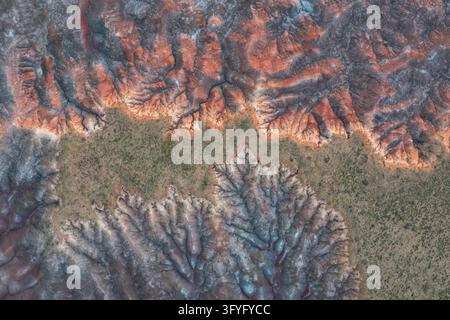 Vue aérienne du Painted Desert montrant des formations rocheuses colorées en bandes, des badlands érodées et une végétation désertique dans le comté de Navajo, Arizona, États-Unis Banque D'Images