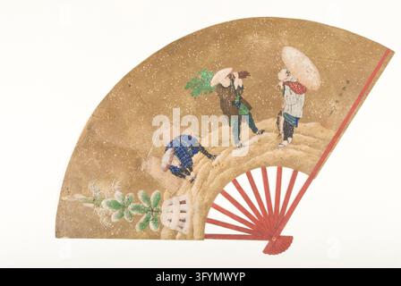 Une peinture à l'aquarelle japonaise en forme d'éventail par Kunihisa Yōryūsai représentant une scène hivernale avec des personnages préparant des décorations traditionnelles du Nouvel An (Shōgatsu) Banque D'Images