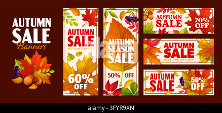 Bannières et étiquettes de vente d'automne, publicité pour des offres de réduction. Bannières promotionnelles verticales et horizontales saisonnières avec des feuillages d'automne vibrants, des glands et b Illustration de Vecteur