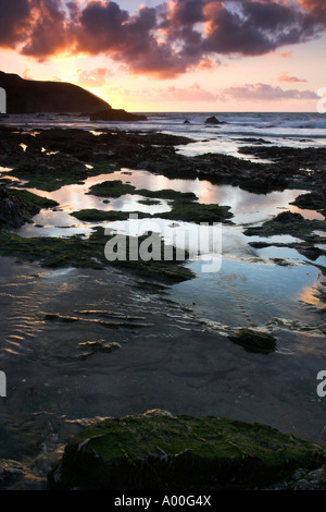 Entre le coucher du soleil une rock pools à Trevellas Porth, près de St Agnes Cornwall UK. Banque D'Images