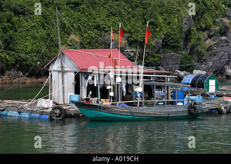 Bateau de pêcheurs et maison flottante au large de l'île Cat Ba Baie de Halong Vietnam Banque D'Images
