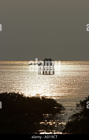 Cabane de pêcheurs sur pilotis dans la baie d'Halong coucher du soleil Ile de Cat Ba Vietnam Banque D'Images